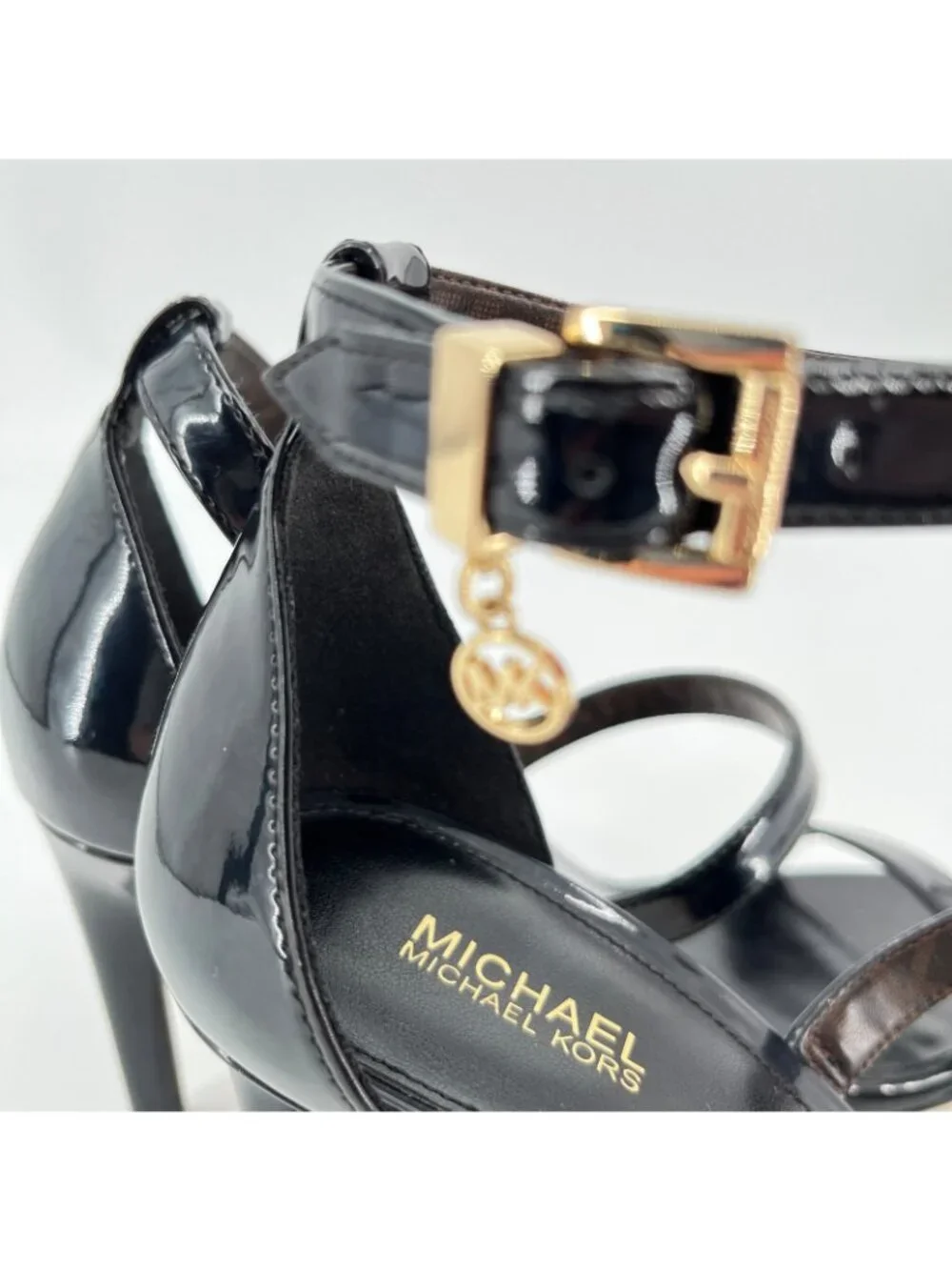 Michael Kors Koda Sandals Black Size 6.5M Faux Leather 3in Heel Ankle Strap